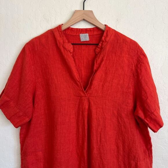 Vera Tucci Made in Italy 100% Linen Short Sleeve V-Neck Popover Dress Orange - Picture 2 of 7